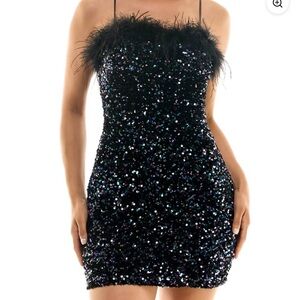 B. Darlin Juniors' Feather-Trim Sequined Velvet Halter Dress